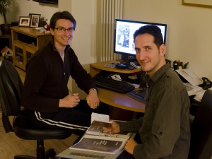 Writer Christophe Philipps and artist Simon Newbury during a production meeting.